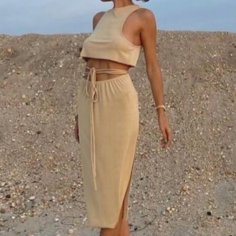 WEWOREWHAT PULL ON RIB TIE SKIRT TAUPE SIZE S